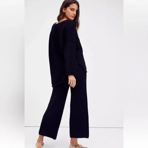 Free People Hailee Sweater Set 2 Piece Waffle Knit Black